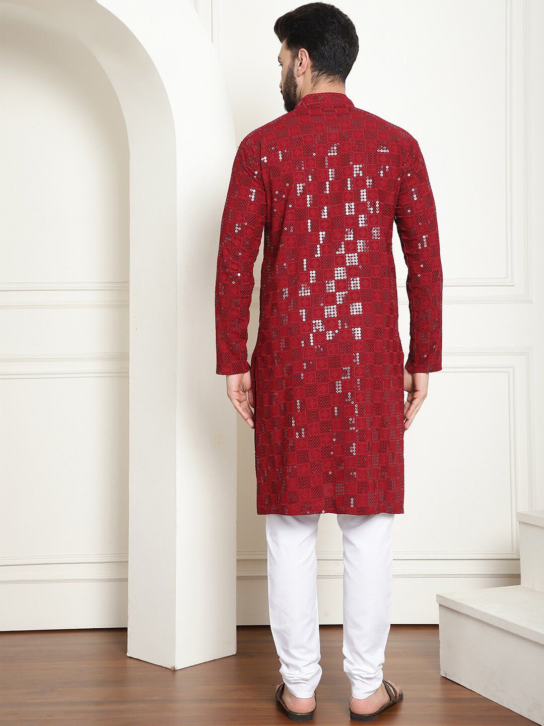 SOJANYA Geometric Embroidered Mandarin Collar Long Sleeves Sequinned Pure Cotton Kurta Set