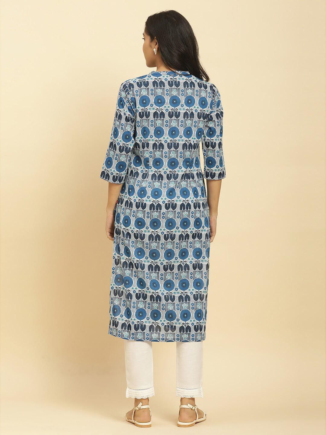 W Blue & White Geometric Printed Mandarin Collar Cotton A-Line Kurta