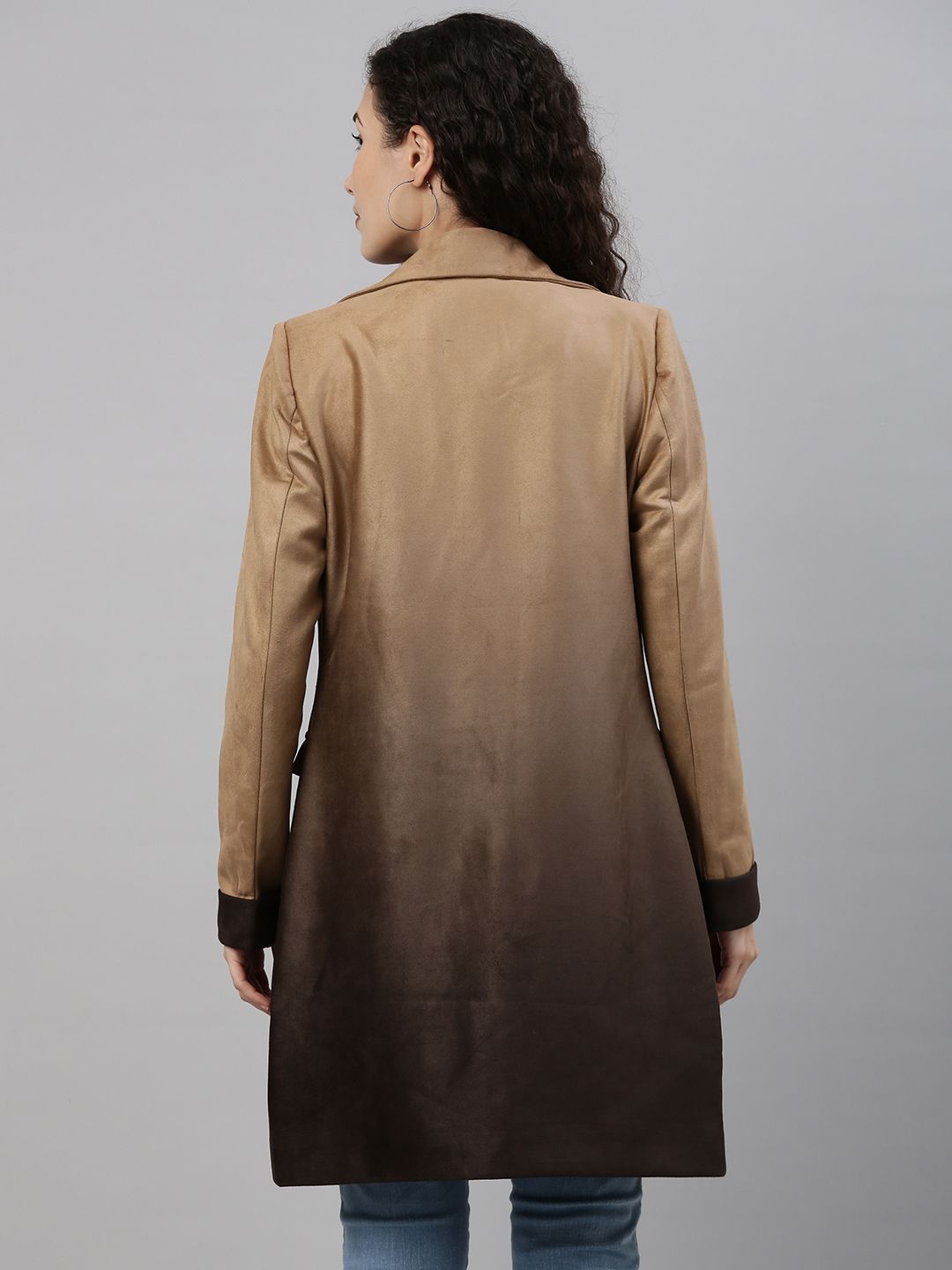 Campus Sutra Women Tan Brown Ombre-Dyed Suede Longline Overcoat
