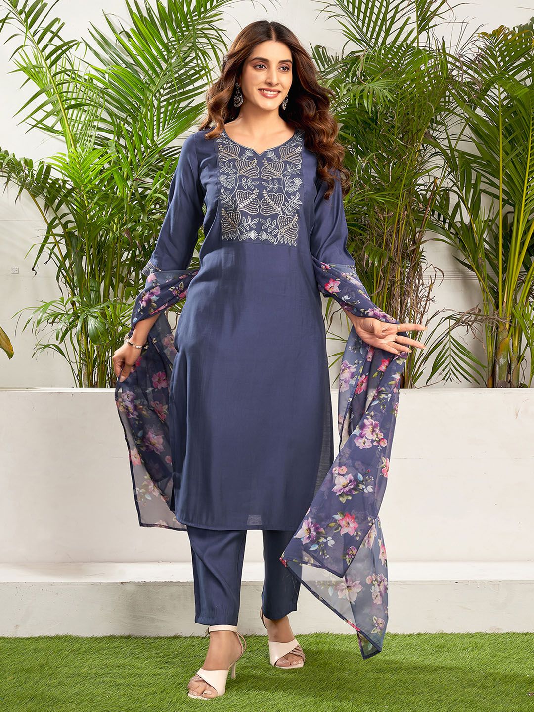 KALINI Ethnic Motifs Yoke Design Sequinned Straight Kurta with Trousers & Dupatta