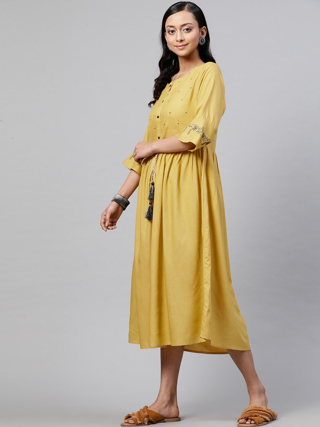 STREET 9 Women Mustard Yellow Embroidered A-Line Dress