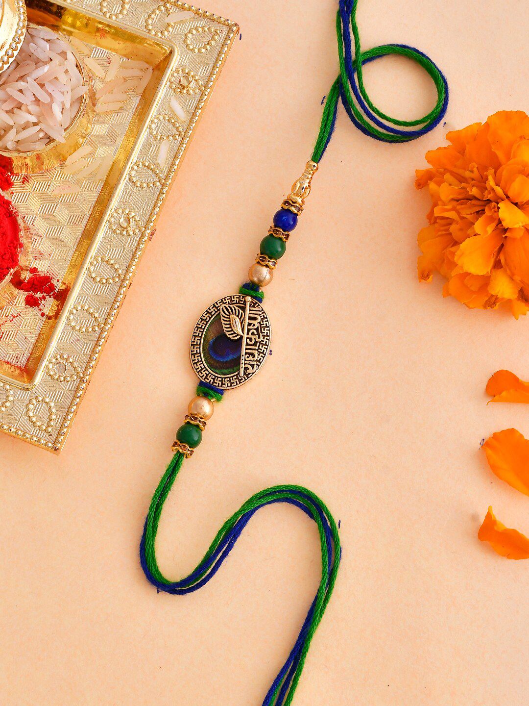 Voylla Beaded Peacock Feather Thread Rakhi