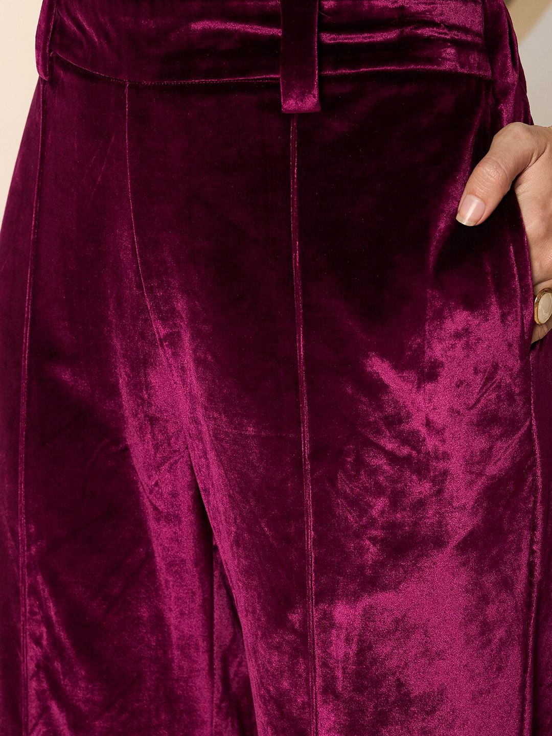 Antheaa Women Smart Straight Fit Velvet Trousers