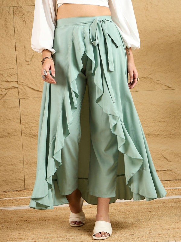 Berrylush Women Ruffled Flared Maxi Skirt With Attached Trousers