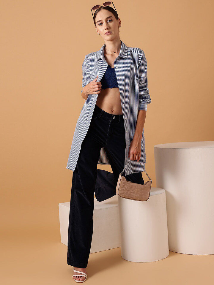 STREET 9 Comfort Oversized Striped Longline Pure Cotton Casual Shirt