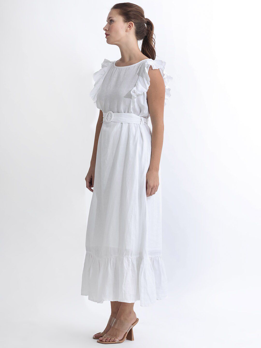 RAREISM Flutter Sleeve Linen A-Line Midi Dress
