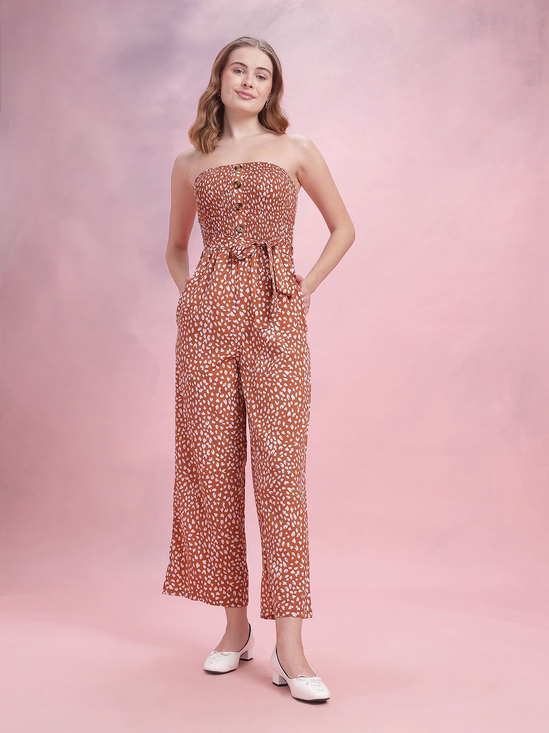 DressBerry Off-Shoulder Smocked Printed Belted Basic Jumpsuit