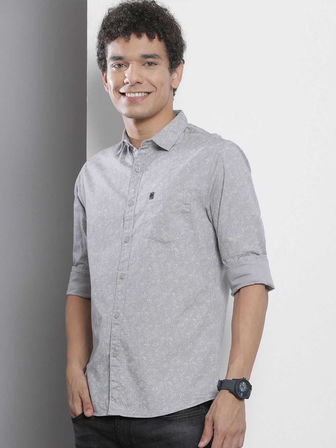 The Indian Garage Co Men Grey Printed Pure Cotton Casual Shirt