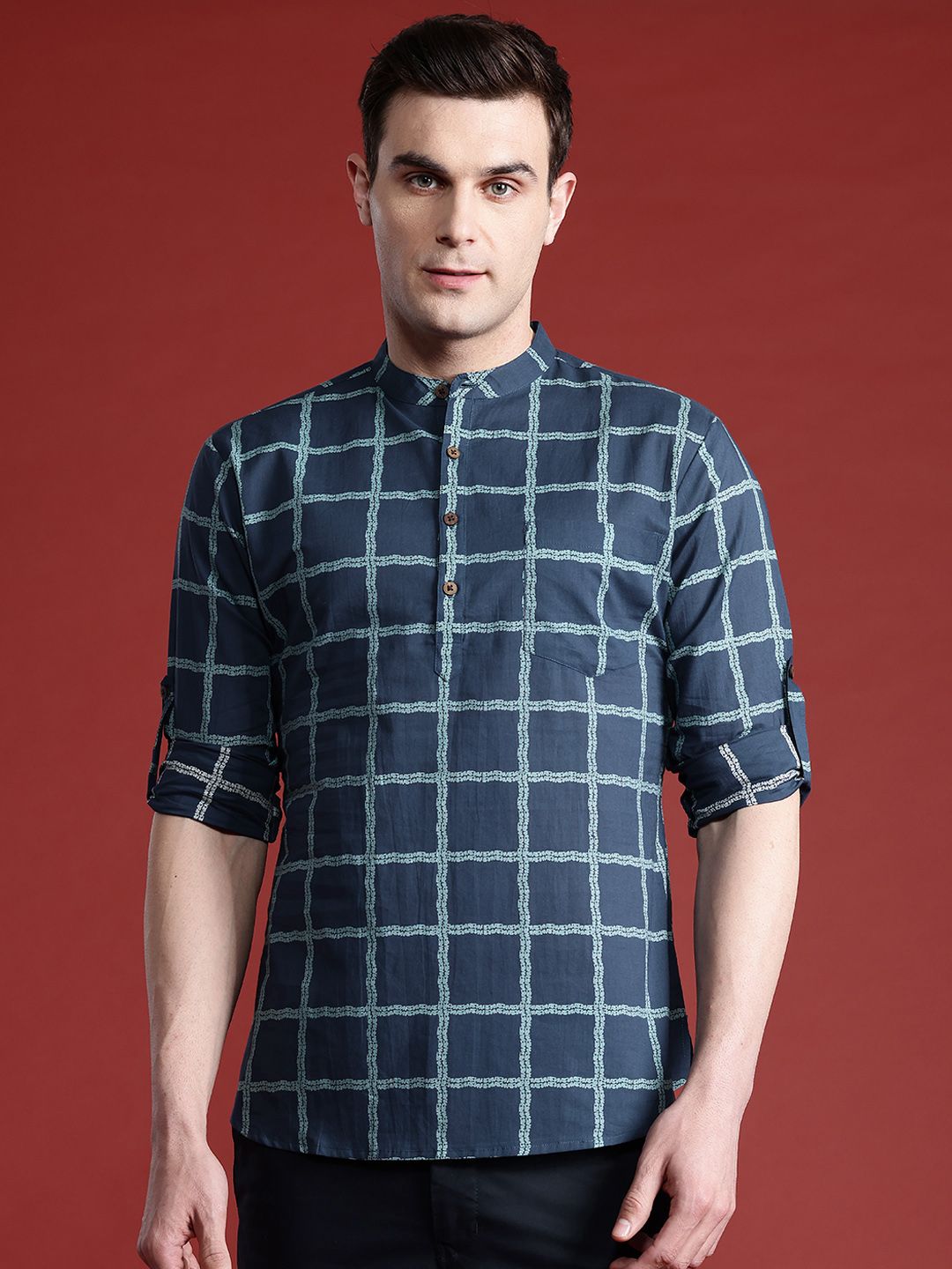 Anouk Men Checks Printed Band Collar Pure Cotton Kurta