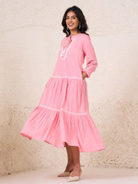 House of Chikankari Women Dust Pink Cotton Chikankari Dress Sulam