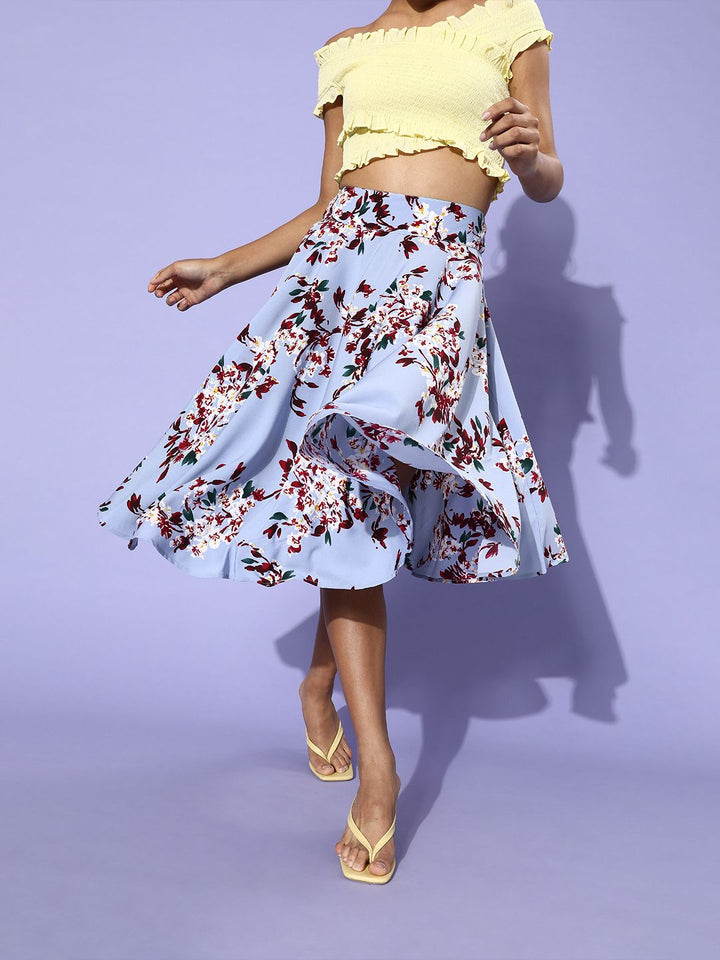 Berrylush Women Blue & Red Floral Printed A-line Flared Skirt