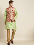 SOJANYA Men Green Striped Kurta with Churidar & Nehru Jacket