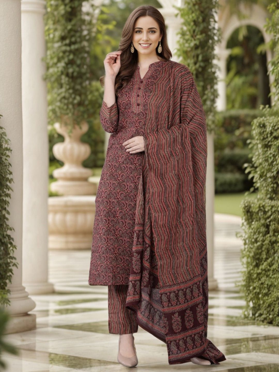 KALINI Ethnic Motifs Printed Mandarin Collar Straight Kurta & Trousers With Dupatta