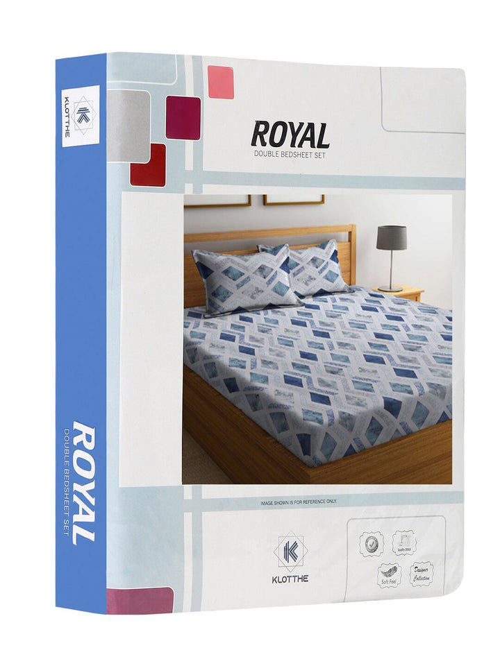 KLOTTHE Blue & White Geometric Printed 400 TC Double King Bedsheet With 2 Pillow Covers