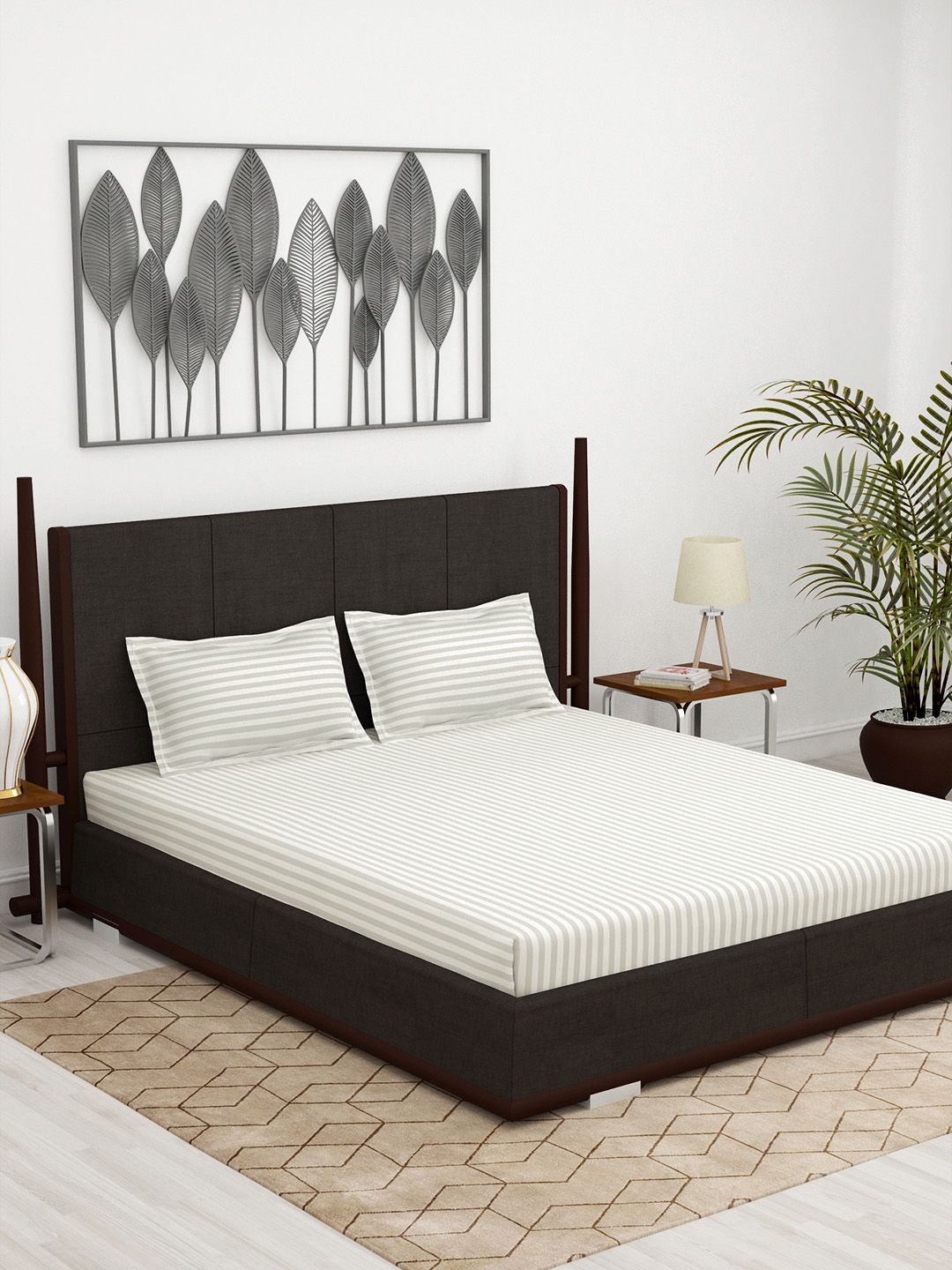 Story@home White Self-Striped Flat 300 TC Cotton 1 King Bedsheet with 2 Pillow Covers