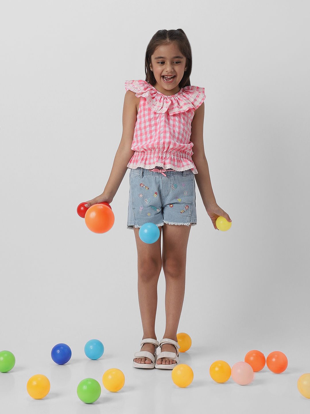 Nauti Nati Girls Gingham Checked Peter Pan Collar Sleeveless Cotton Cinched Waist Top