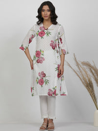 W White Floral Printed Pure Cotton Straight Kurta