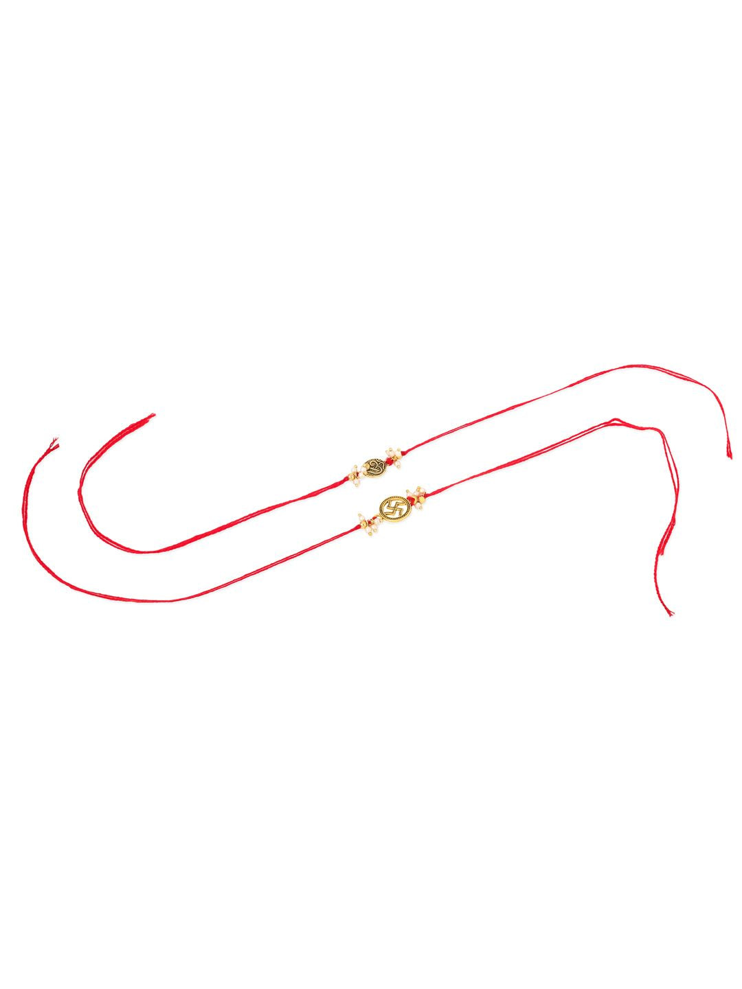NVR Unisex Set of 2 Pearls Swastik Desgin Thread Rakhi with Roli Chawal Chandan Mishri