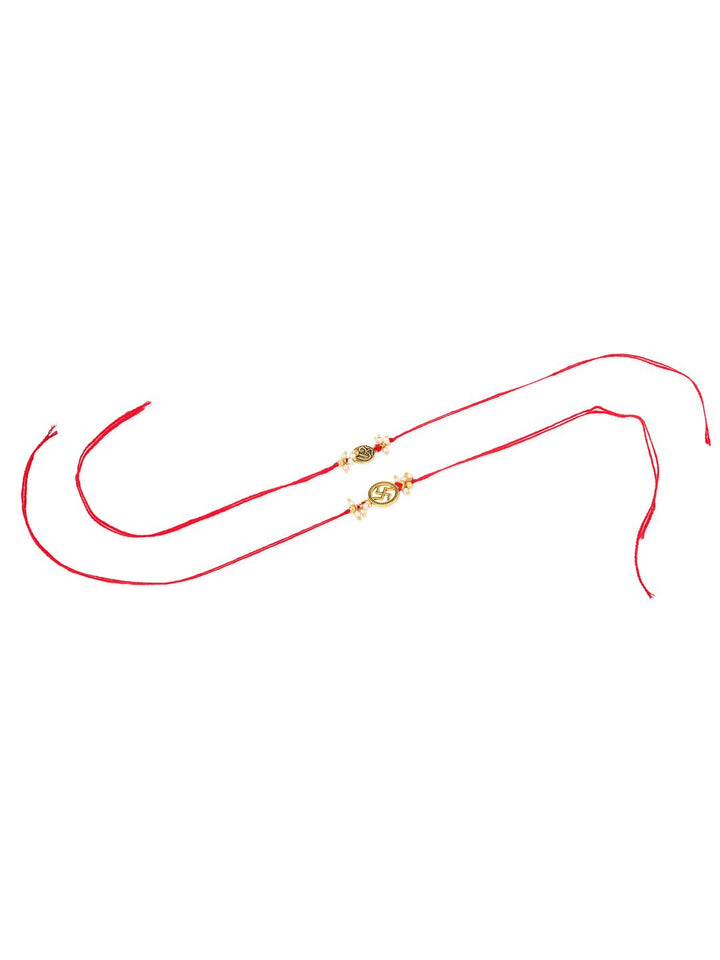 NVR Unisex Set of 2 Pearls Swastik Desgin Thread Rakhi with Roli Chawal Chandan Mishri