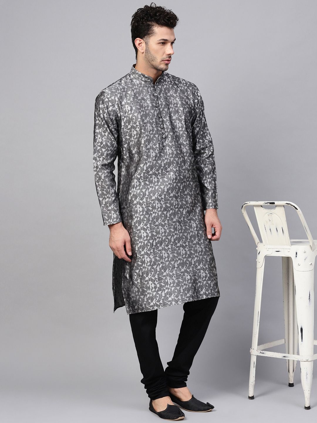 SOJANYA Men Grey & White Woven Design Straight Kurta