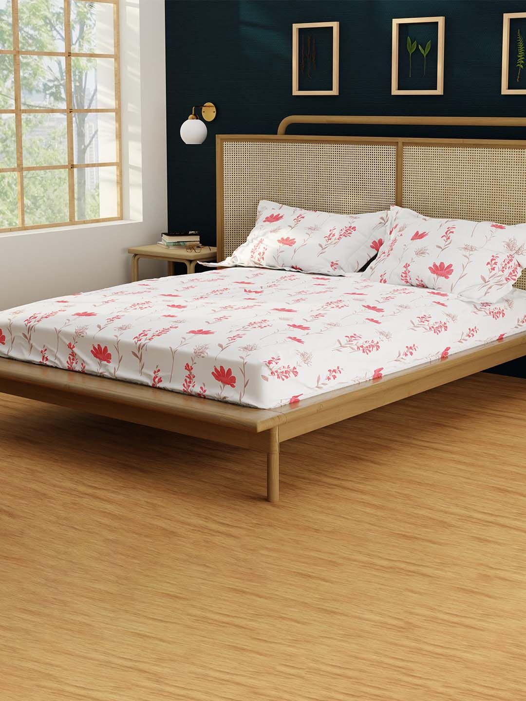 URBAN SPACE White & Pink Printed 200 TC Cotton Single Bedsheet With 1 Pillow Cover