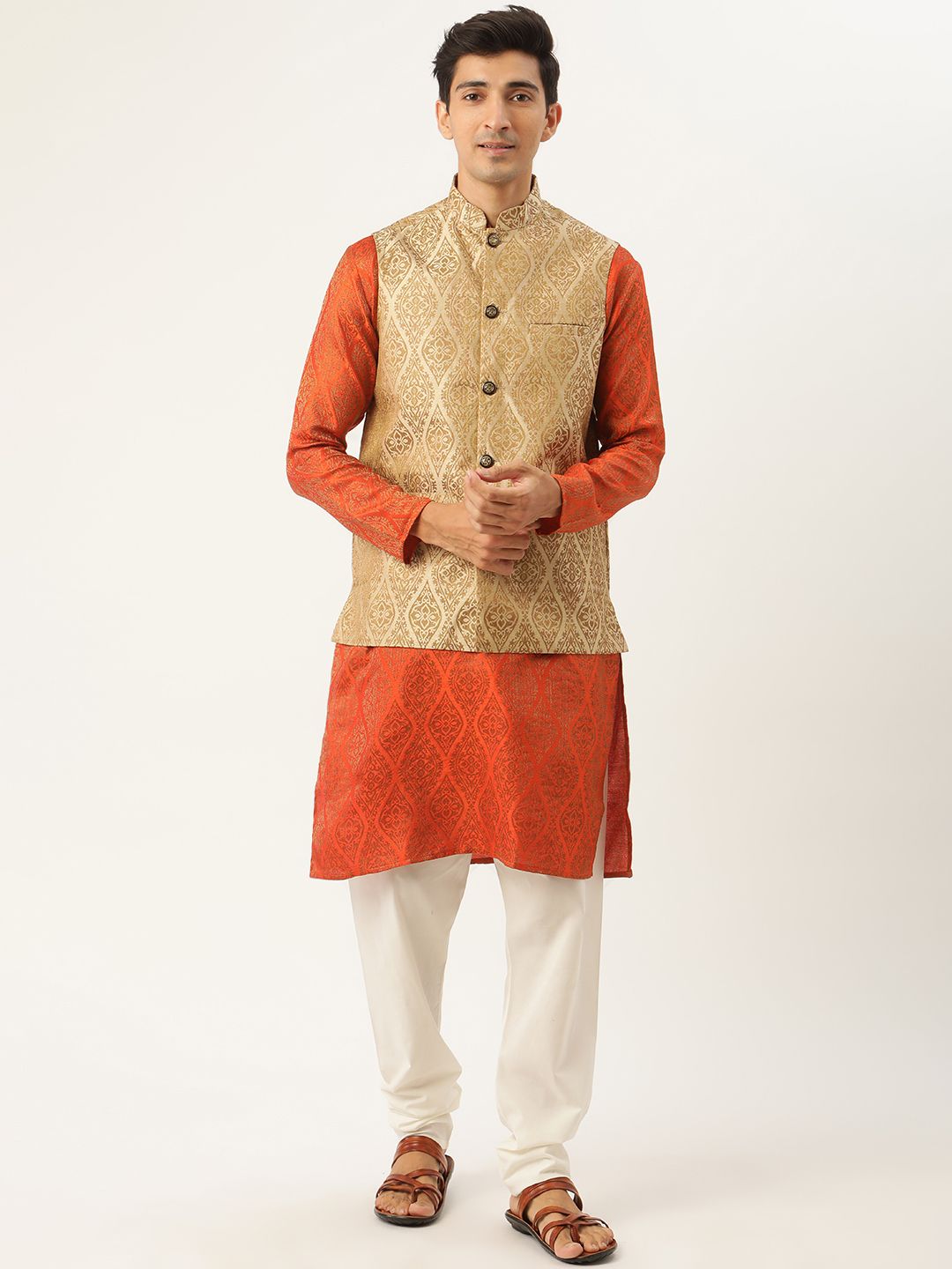 SOJANYA Men Orange Ethnic Motifs Jacquard Silk Kurta with Churidar & Nehru Jacket