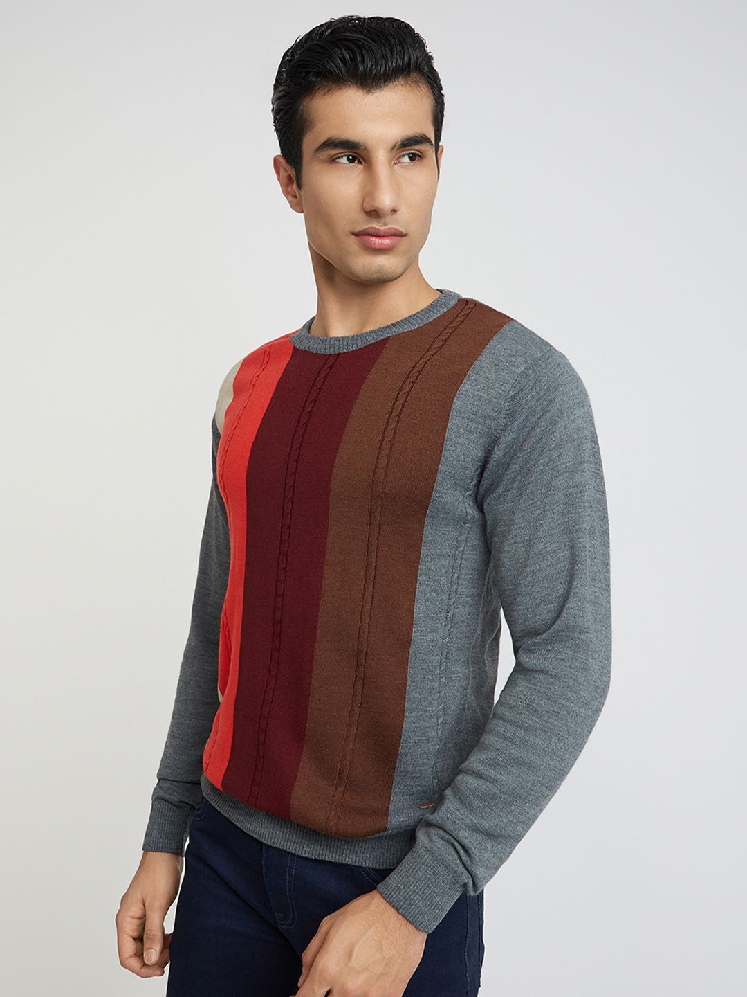 Raymond Men Maroon & Brown Striped Pullover