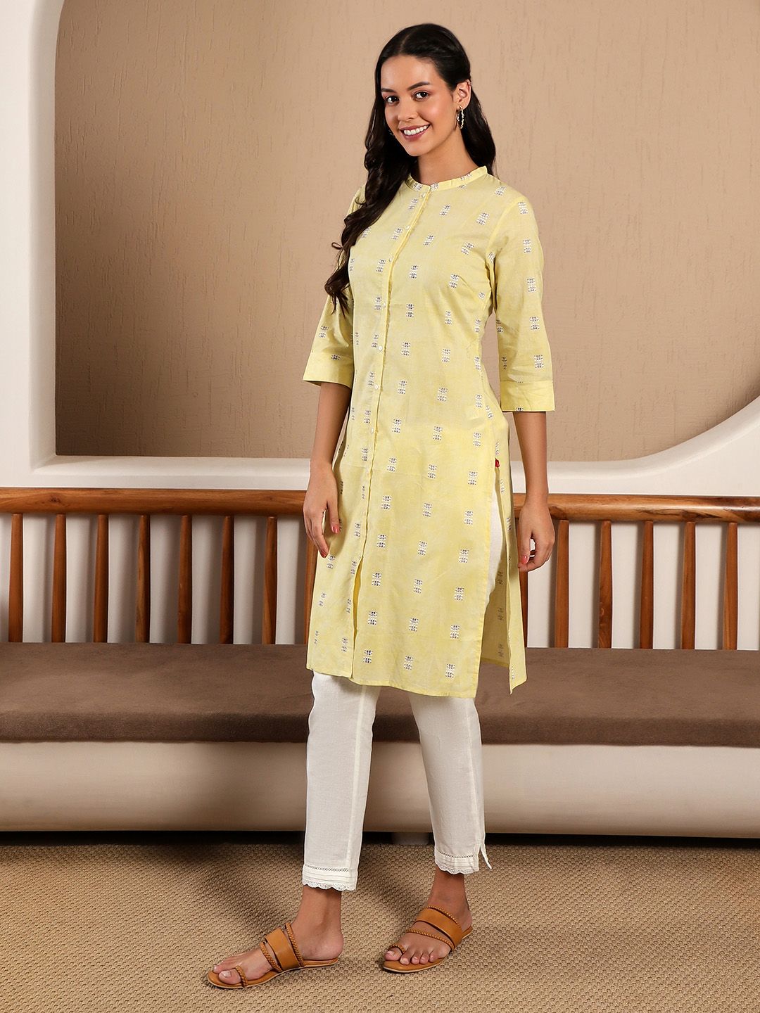 W Wanita Kurta Cotton Printed Geometric Kuning