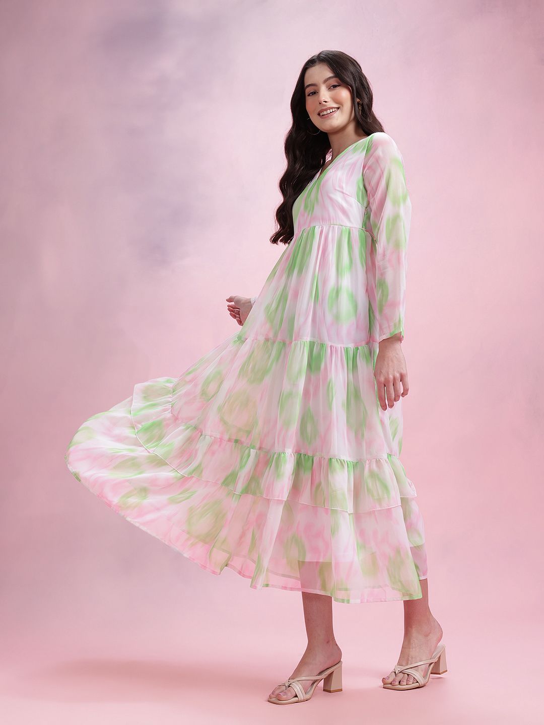 DressBerry Printed Ruffled A-Line Tiered Midi Dress