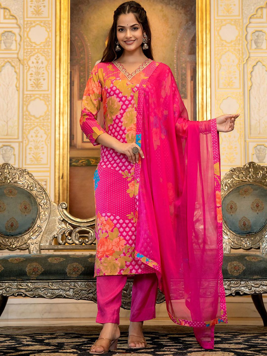KALINI Floral Printed Straight Sequinned Kurta with Trousers & Dupatta
