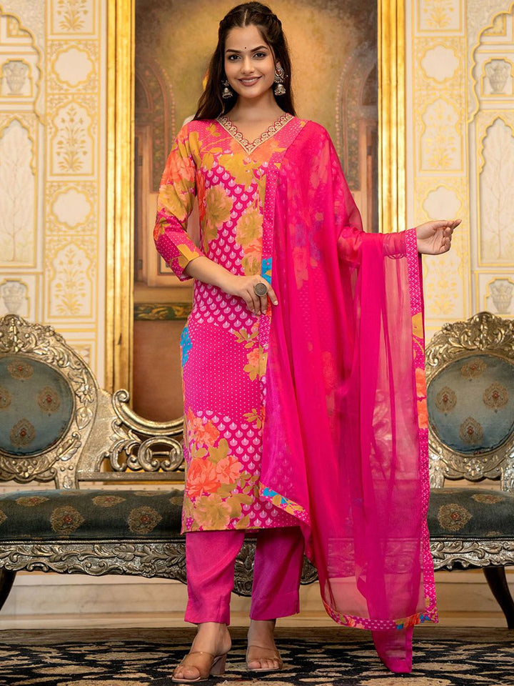 KALINI Floral Printed Straight Sequinned Kurta with Trousers & Dupatta