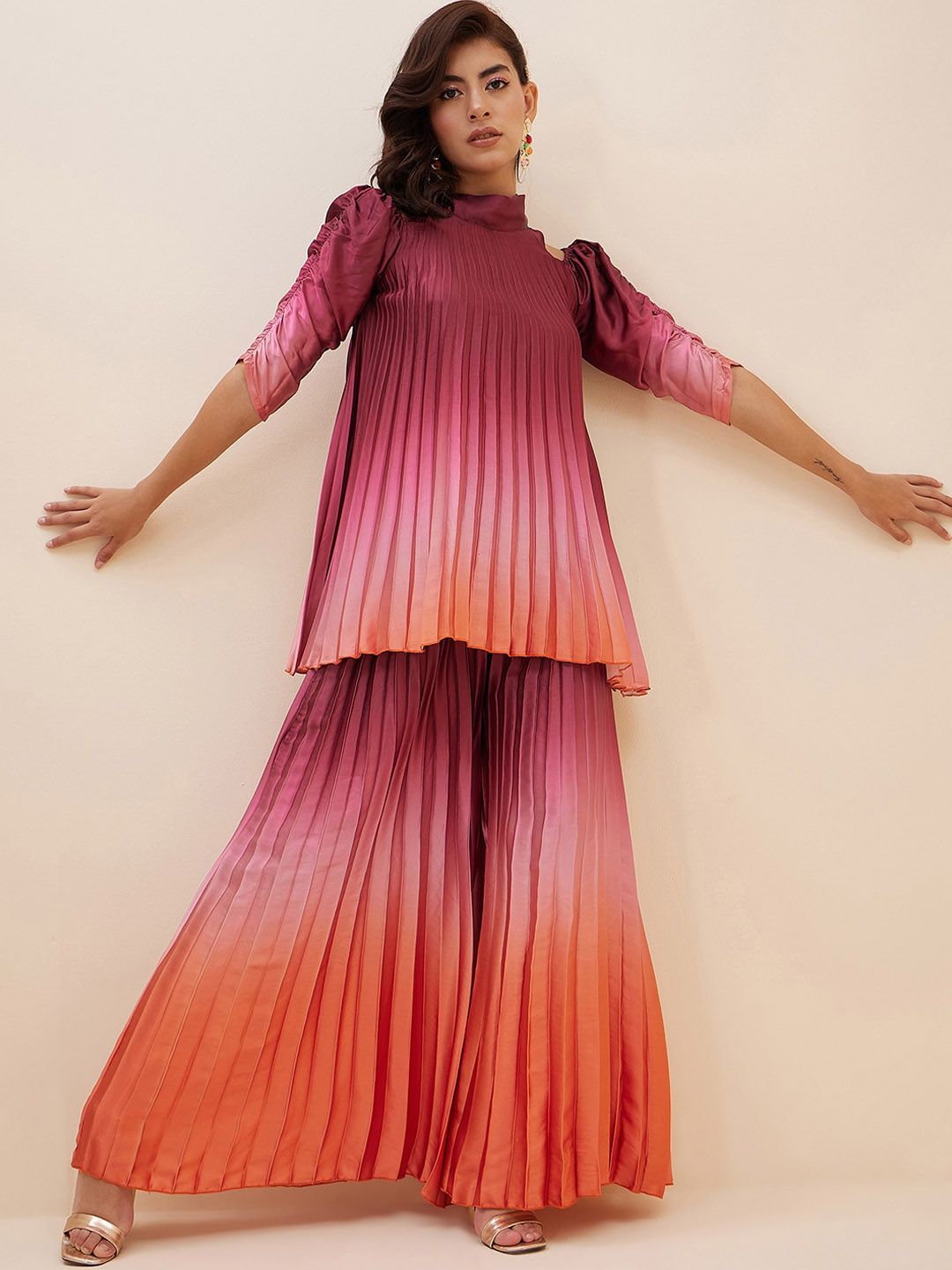 Antheaa Pink & Orange Ombre Pleated Halter Neck Tunic With Palazzos