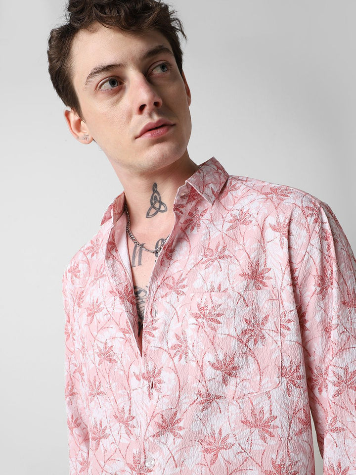 VASTRADO Classic Floral Printed Spread Collar Creased  Shirt