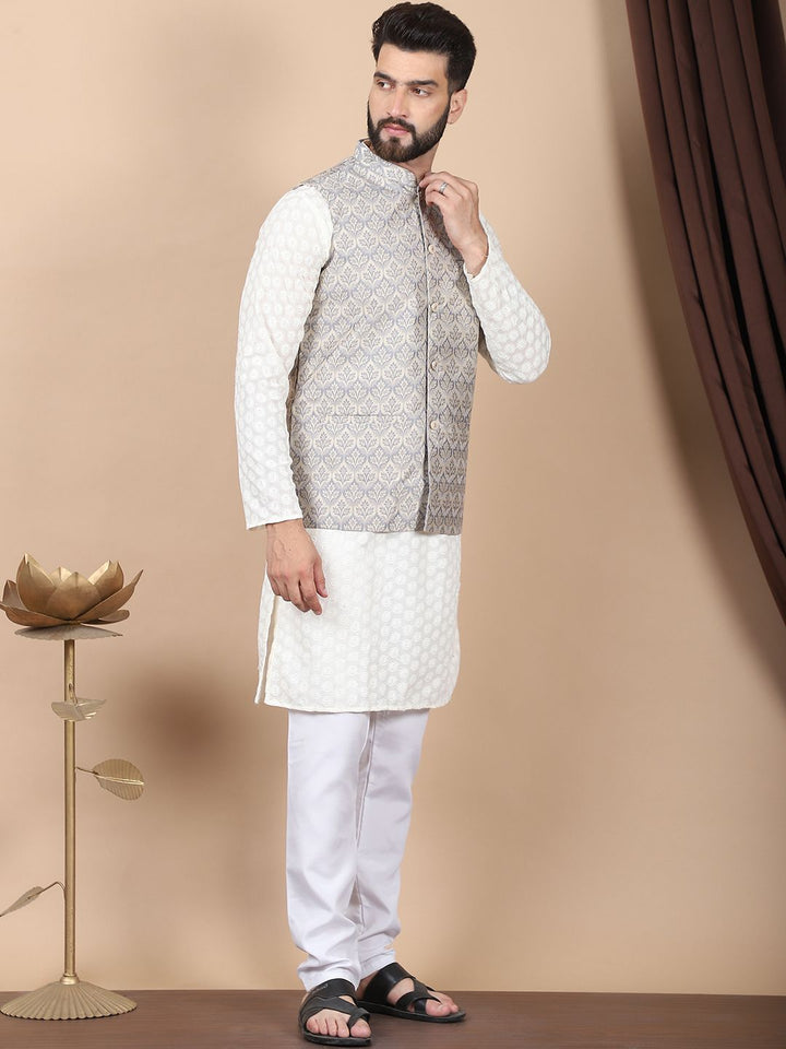 Anouk Cream-Coloured Floral Embroidered Pure Cotton Kurta with Churidar & Nehru Jacket