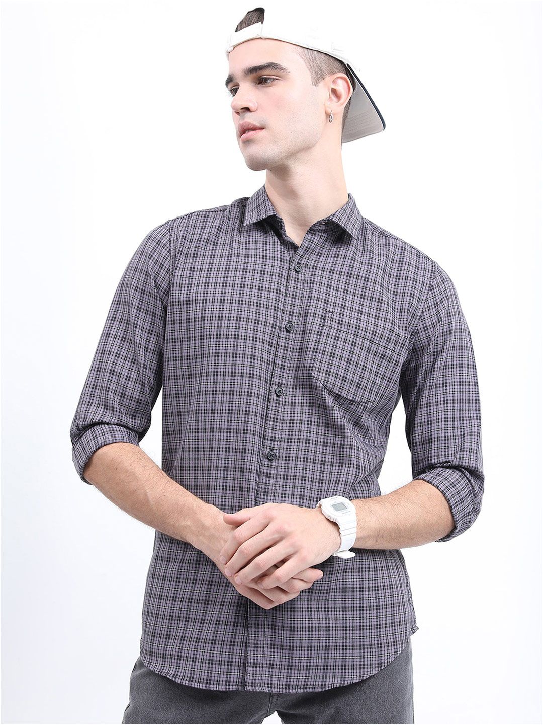 HIGHLANDER Men Grey Slim Fit Checked Casual Shirt