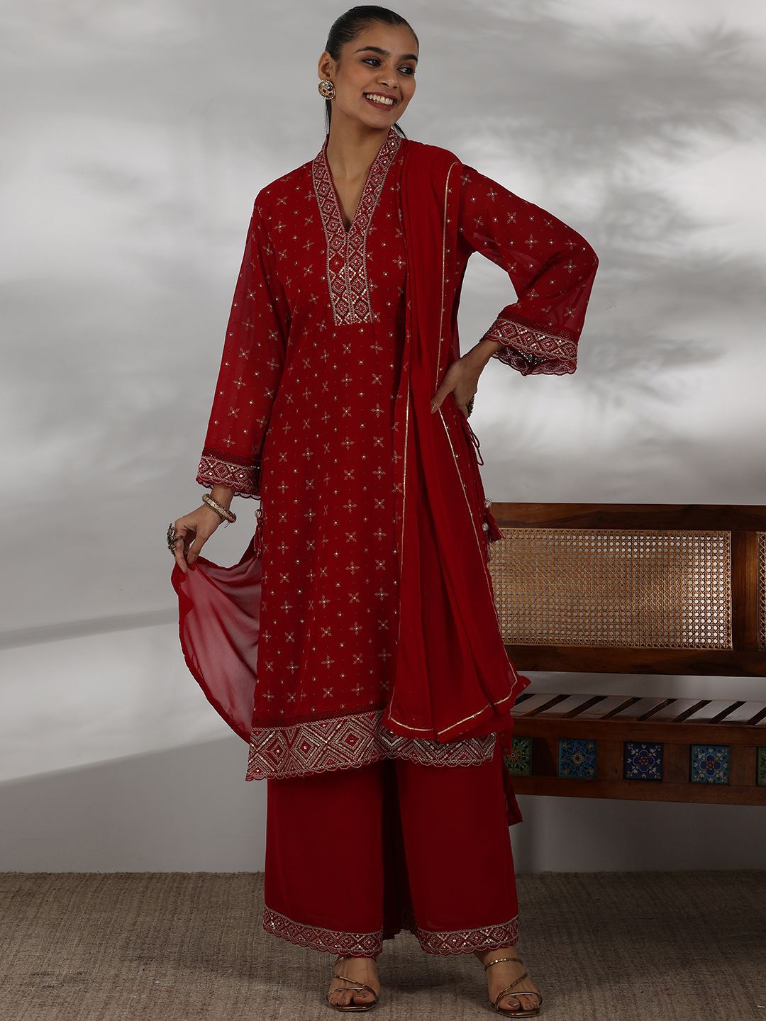 Libas Women Ethnic Motifs Printed Regular Mirror Work Kurta with Palazzos & With Dupatta