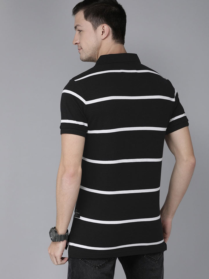 THE BEAR HOUSE Men Black  White Striped Polo Collar Slim Fit Pure Cotton T-shirt
