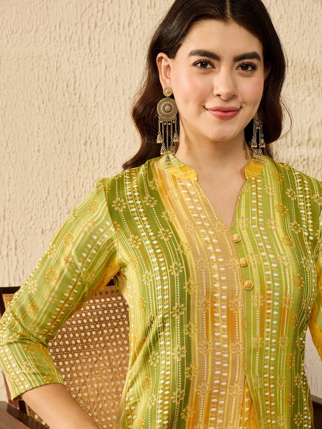KALINI Floral Print Mandarin Collar A-Line Top