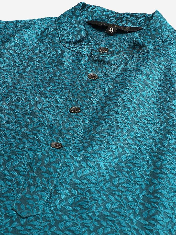 SOJANYA Men Teal Floral Kurta with Churidar & Nehru Jacket