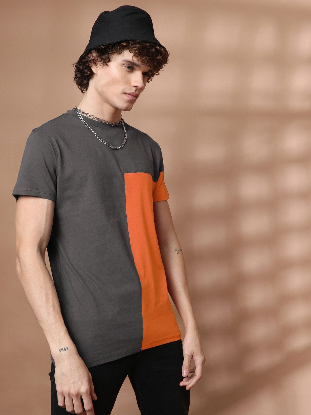 The Indian Garage Co Men Grey  Orange Colourblocked Round Neck Pure Cotton T-shirt