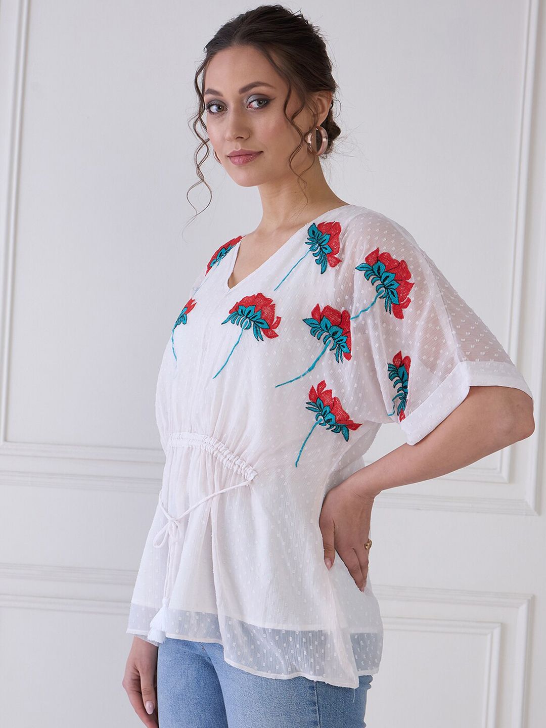 Antheaa Floral Embroidered Extended Sleeves Chiffon Kaftan Top