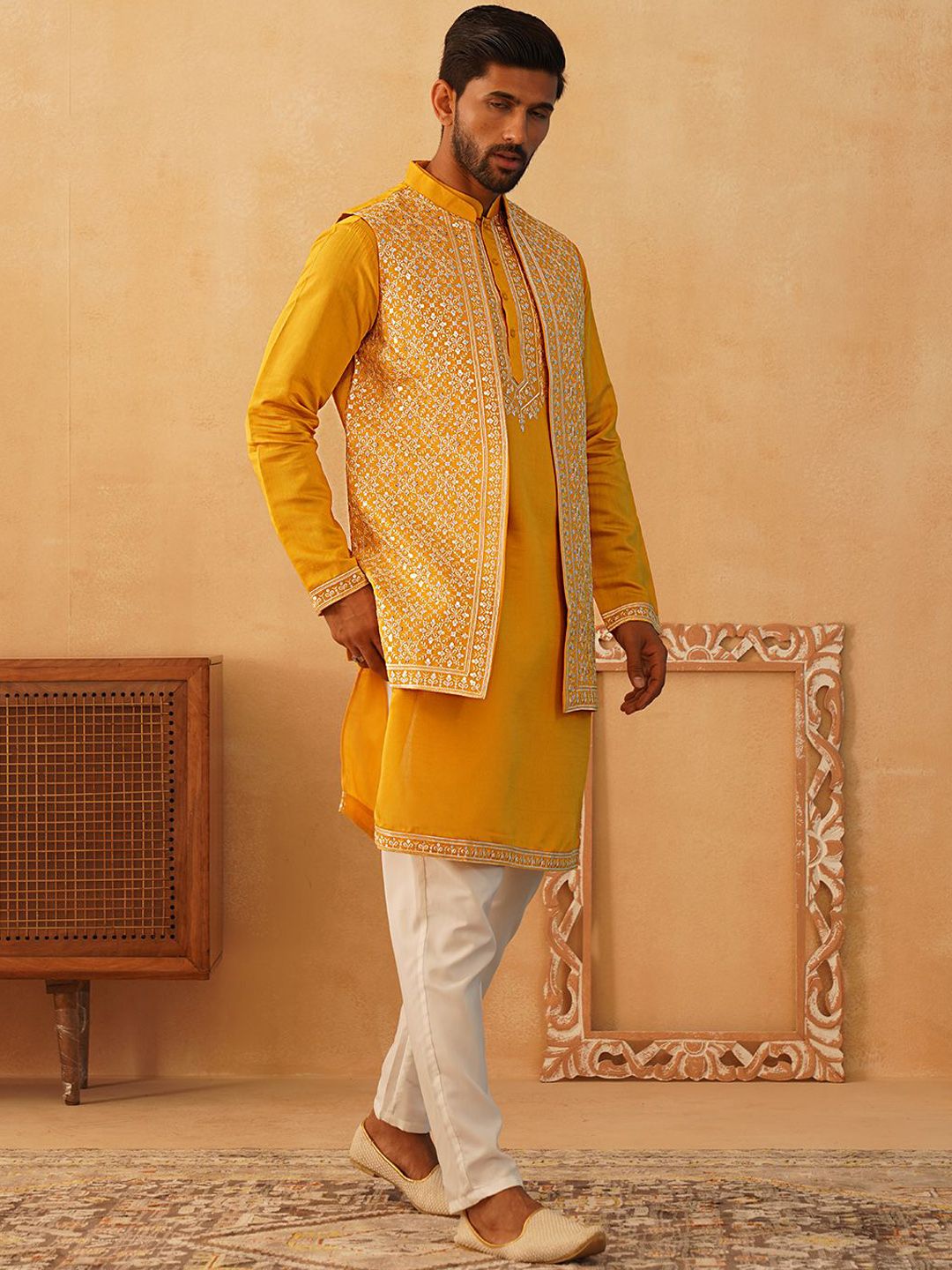 Jompers Floral Yoke Design Sequinned Regular Kurta with Pyjamas & Embroidered Waistcoat