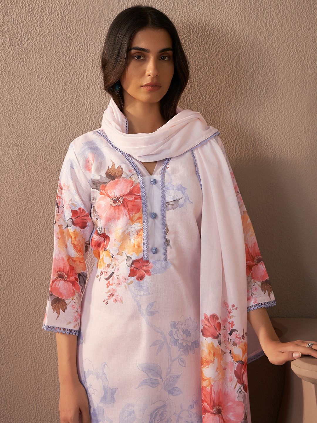 Indo Era Floral Printed Beads And Stones Linen Kurta Wiith Trousers And Dupatta