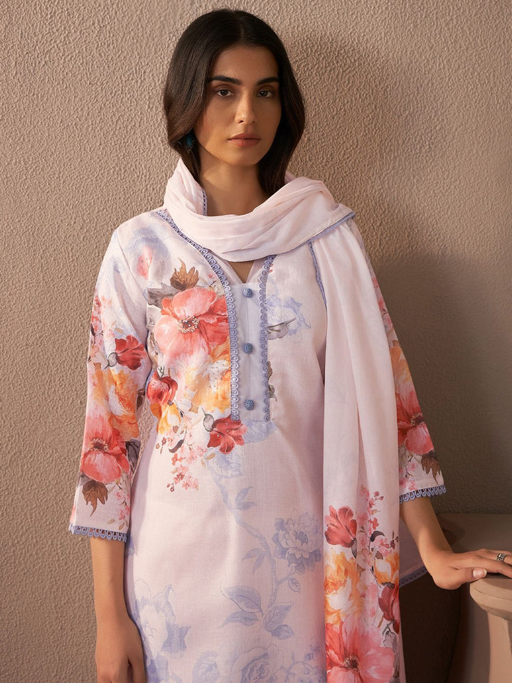 Indo Era Floral Printed Beads And Stones Linen Kurta Wiith Trousers And Dupatta