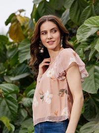 SASSAFRAS Floral Printed Flared Sleeves Chiffon Top