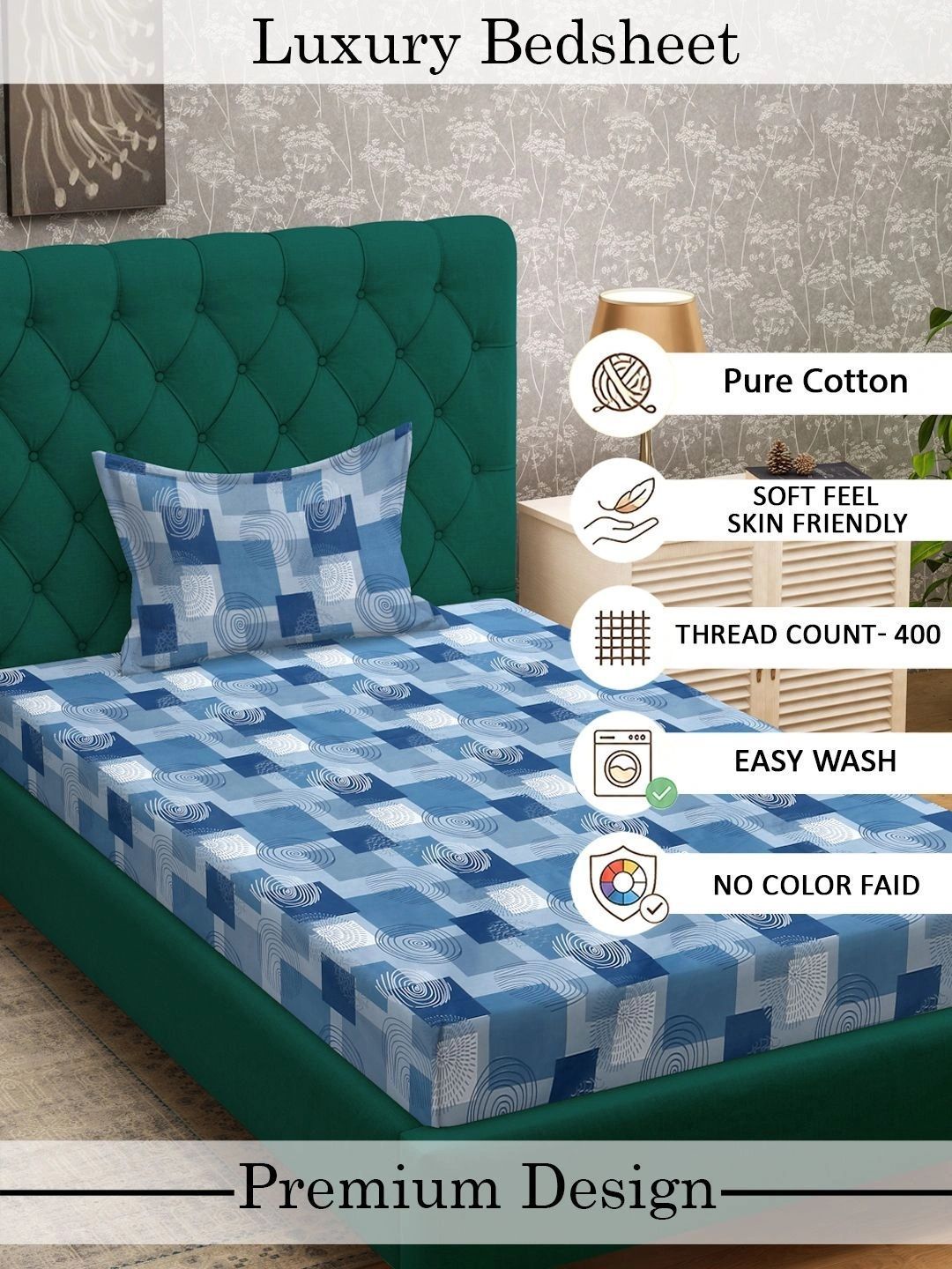 Myntra Elegant Homes Blue & White Geometric 400 TC Single Bedsheet with 1 Pillow Covers