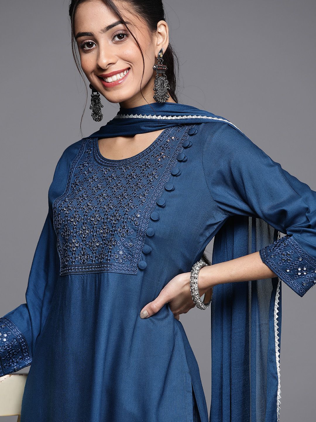 Libas Women Blue Embroidered Kurta with Palazzos & Dupatta