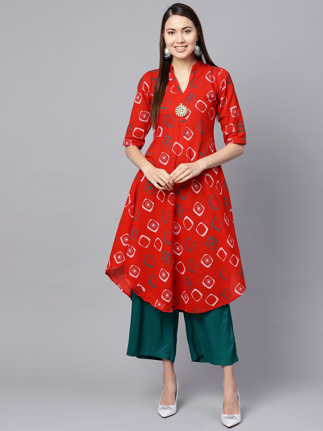 SOJANYA Women Red & White Printed A-Line Kurta