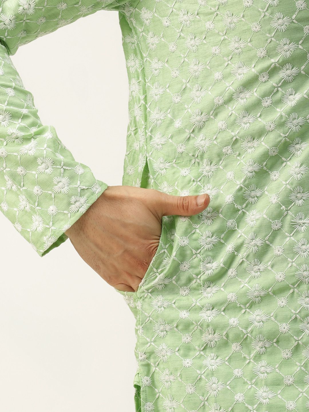 SOJANYA Men Green & White Embroidered Thread Work Kurta with Churidar & Nehru Jacket