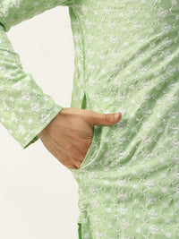 SOJANYA Men Green & White Embroidered Thread Work Kurta with Churidar & Nehru Jacket